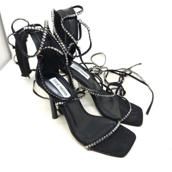 Steve Madden Sandal Heels Justyne Black Glass Rhinestone Tie Up Gladiator 7 - Picture 3 of 10